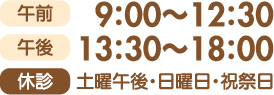 外来受付時間　午前9:00～12:30　午後13:30～18:00　休診 土曜午後・日曜日・祝祭日